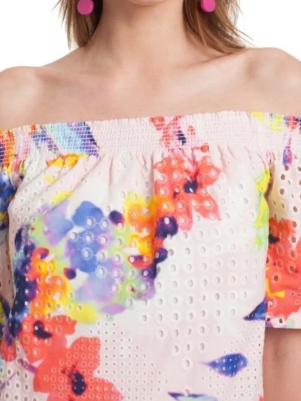 Trina‎ Turk Savilla Off Shoulder Eyelet Floral Tropical Multicolor Dress SZ M - Picture 2 of 9
